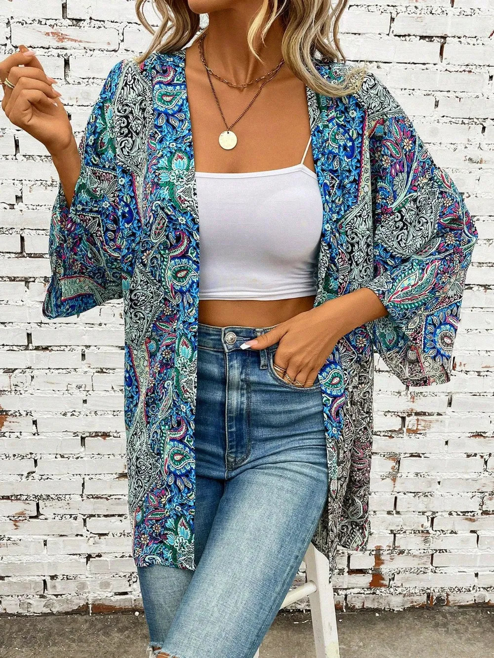 Trendsi Teal / One Size Printed Open Front Three-Quarter Sleeve Cover Up