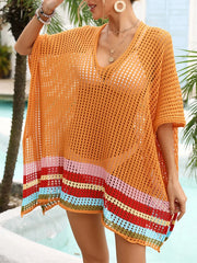Trendsi Terracotta / One size Slit Openwork V-Neck Half Sleeve Cover-Up