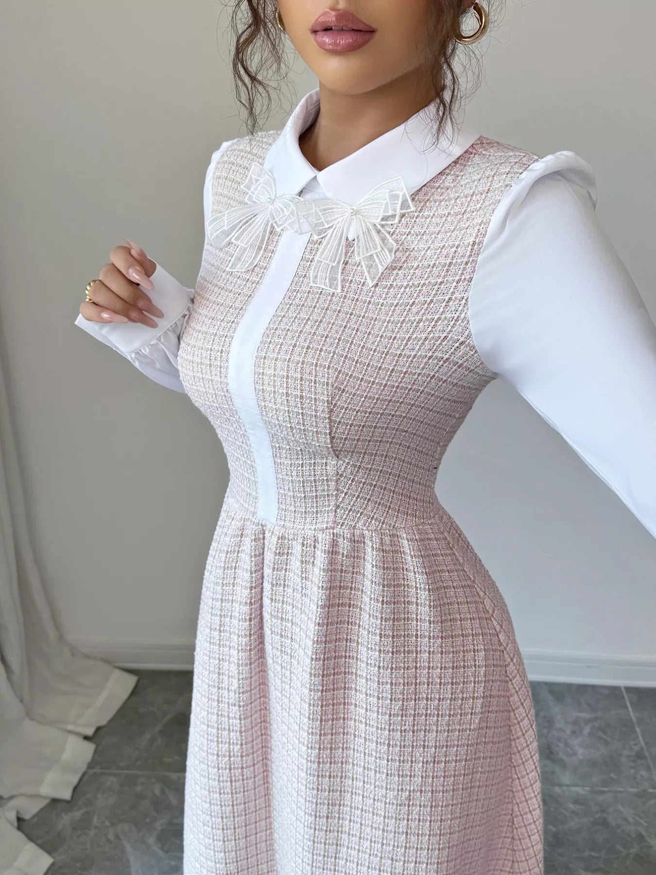 Trendsi Tweed Long Sleeve A-Line Midi Dress