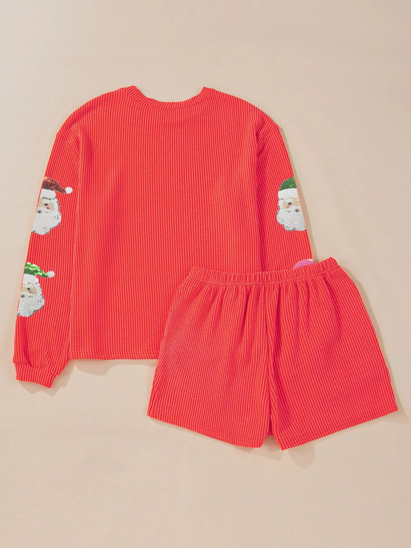 Trendsi Twisted Ribbed Christmas Sequin Patched Top and Shorts Set
