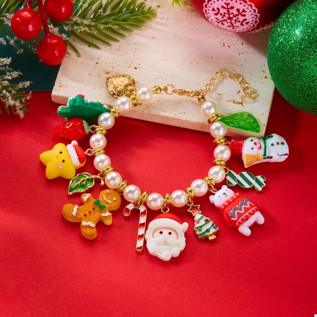Trendsi White / One Size Christmas Charm Pearl Bracelet