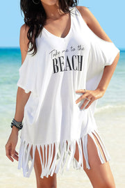Trendsi White / One Size Fringe V-Neck Cold Shoulder Cover Up
