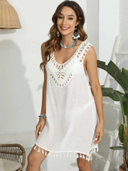 Trendsi White / One Size Tassel Scoop Neck Wide Strap Cover-Up
