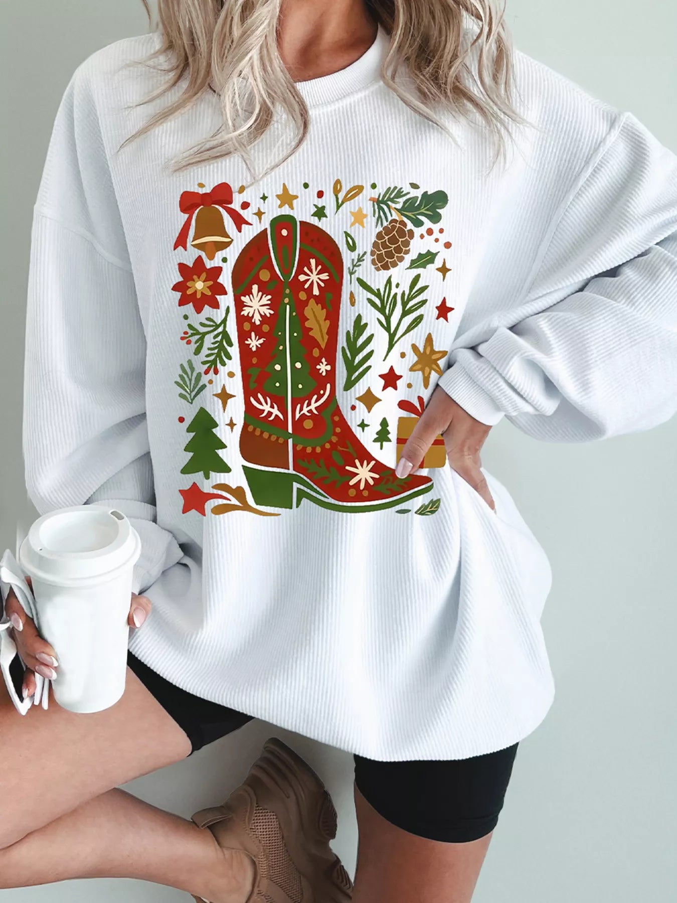 Trendsi White / S Christmas Leafy Boot Printed Corded Rib Drop Shoulder Sweatshirt