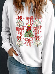 Trendsi White / S Christmas Tree Ribbon Bow Printed Drop Shoulder Sweatshirt