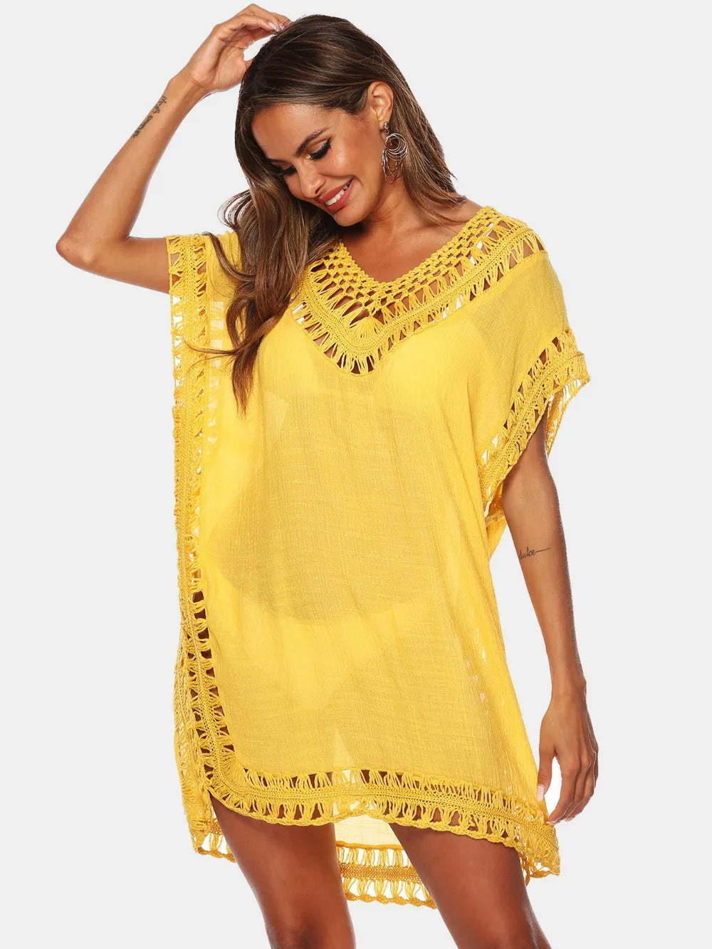 Trendsi Yellow / One Size Cutout V-Neck Short Sleeve Cover-Up