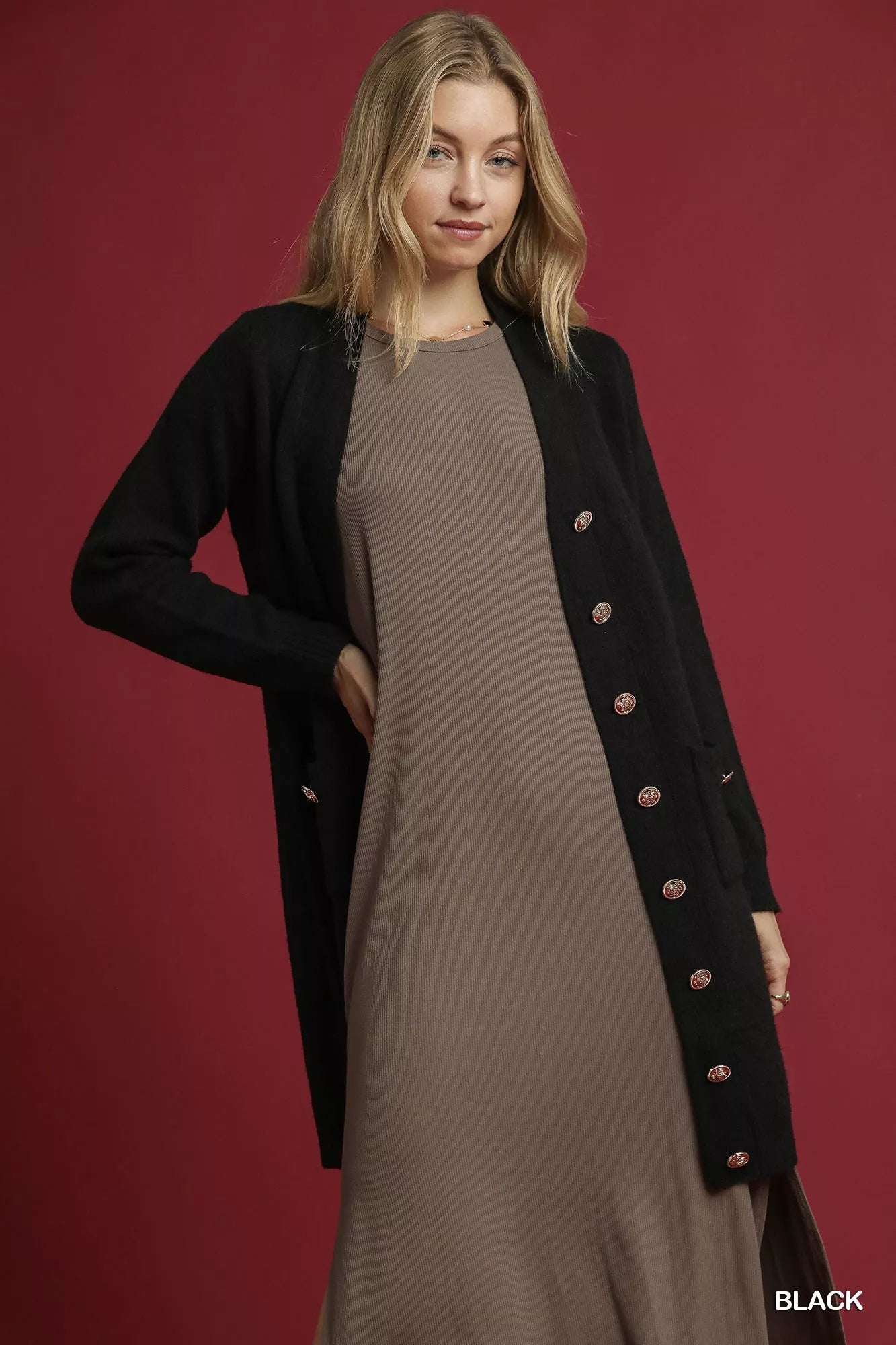 Umgee Black / S Umgee Button-Down Longline Sweater Cardigan with Front Pockets
