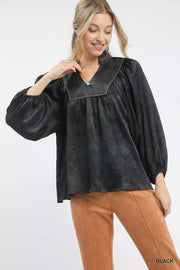 Umgee Black / S Umgee Crinkle Brocade Long Sleeve Blouse