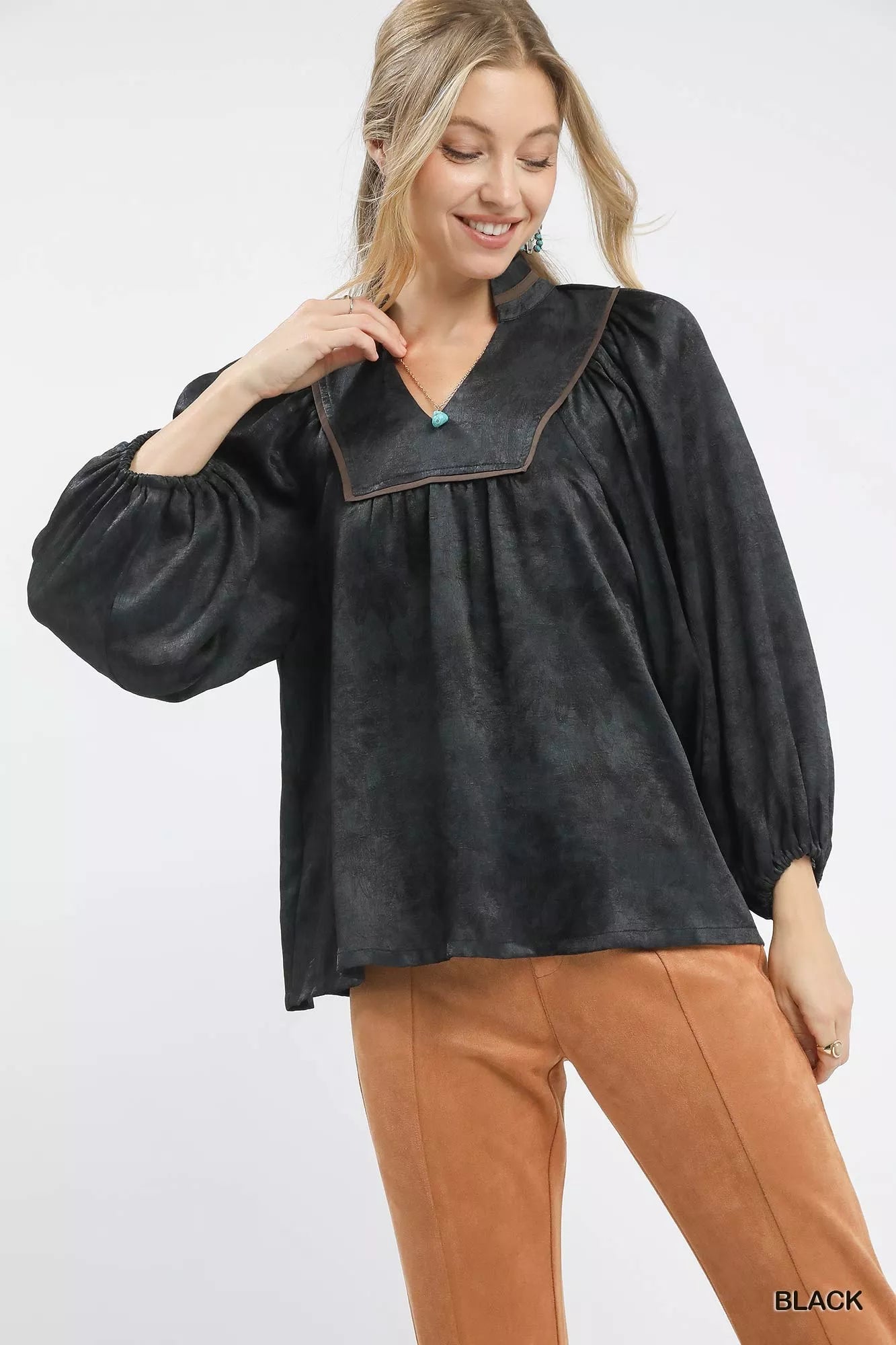 Umgee Black / S Umgee Crinkle Brocade Long Sleeve Blouse