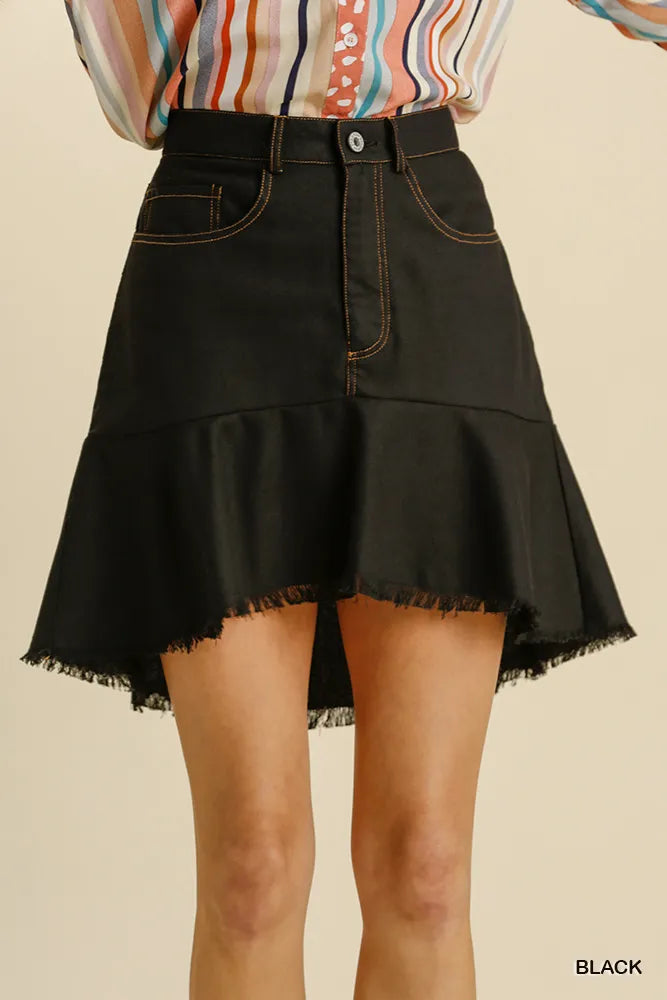 Umgee Black / S Umgee Linen Blend 5 Pockets High Low Skirt with Frayed Hem