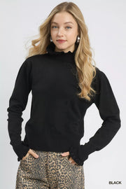 Umgee Black / S Umgee Ruffle Mock Neck Puff Sleeve Sweater