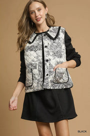 Umgee Black / S Umgee Toile Quilted Vest with Ruffle Collar