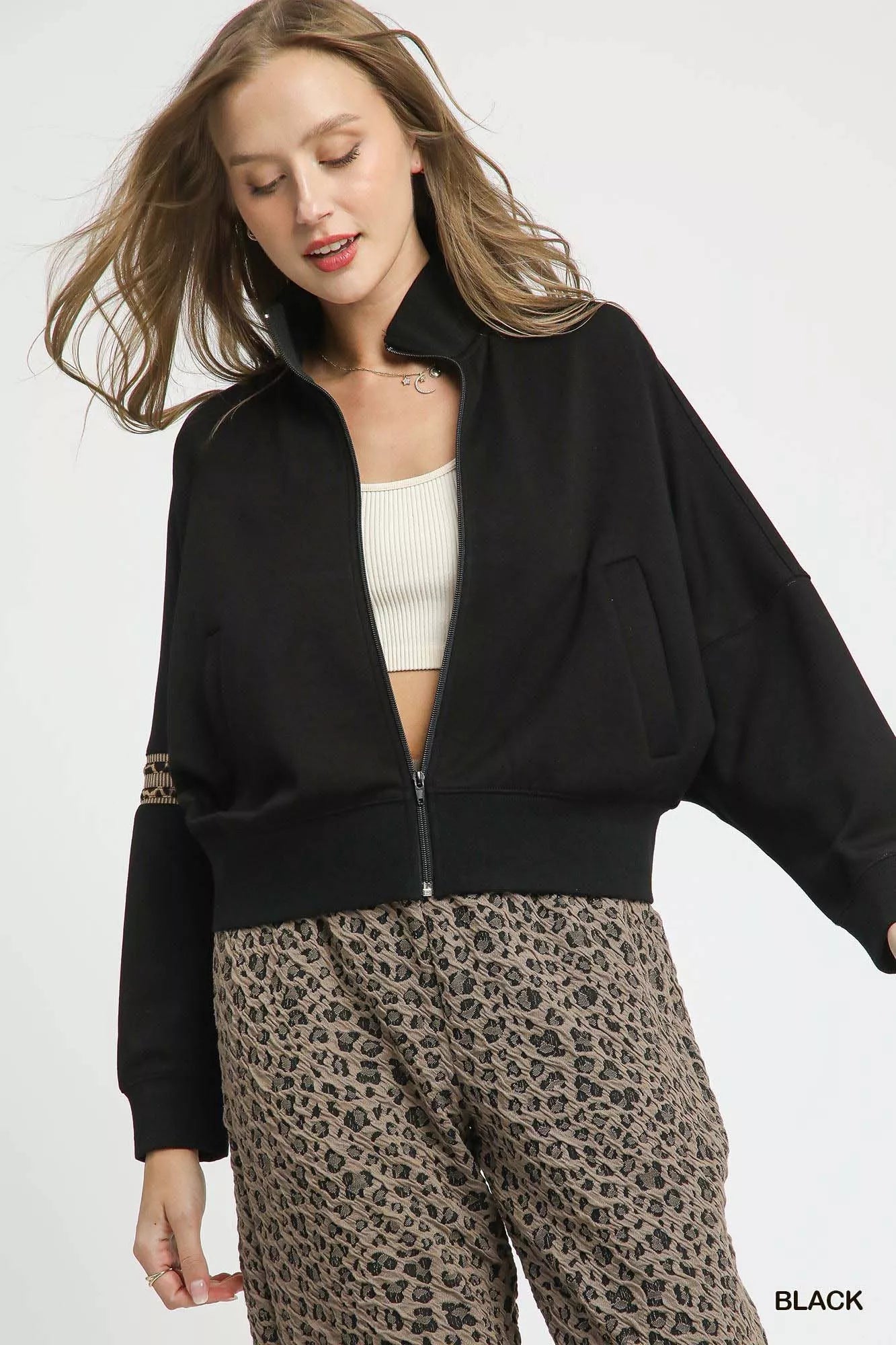 Umgee Black / XS Umgee Zipper Up Cropped Jacket with Leopard Trim