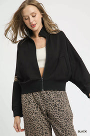 Umgee Black / XS Umgee Zipper Up Cropped Jacket with Leopard Trim