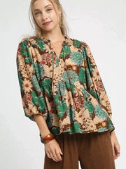 Umgee BROWN MIX / S Umgee Mix Floral Peplum Blouse with Tie Neck