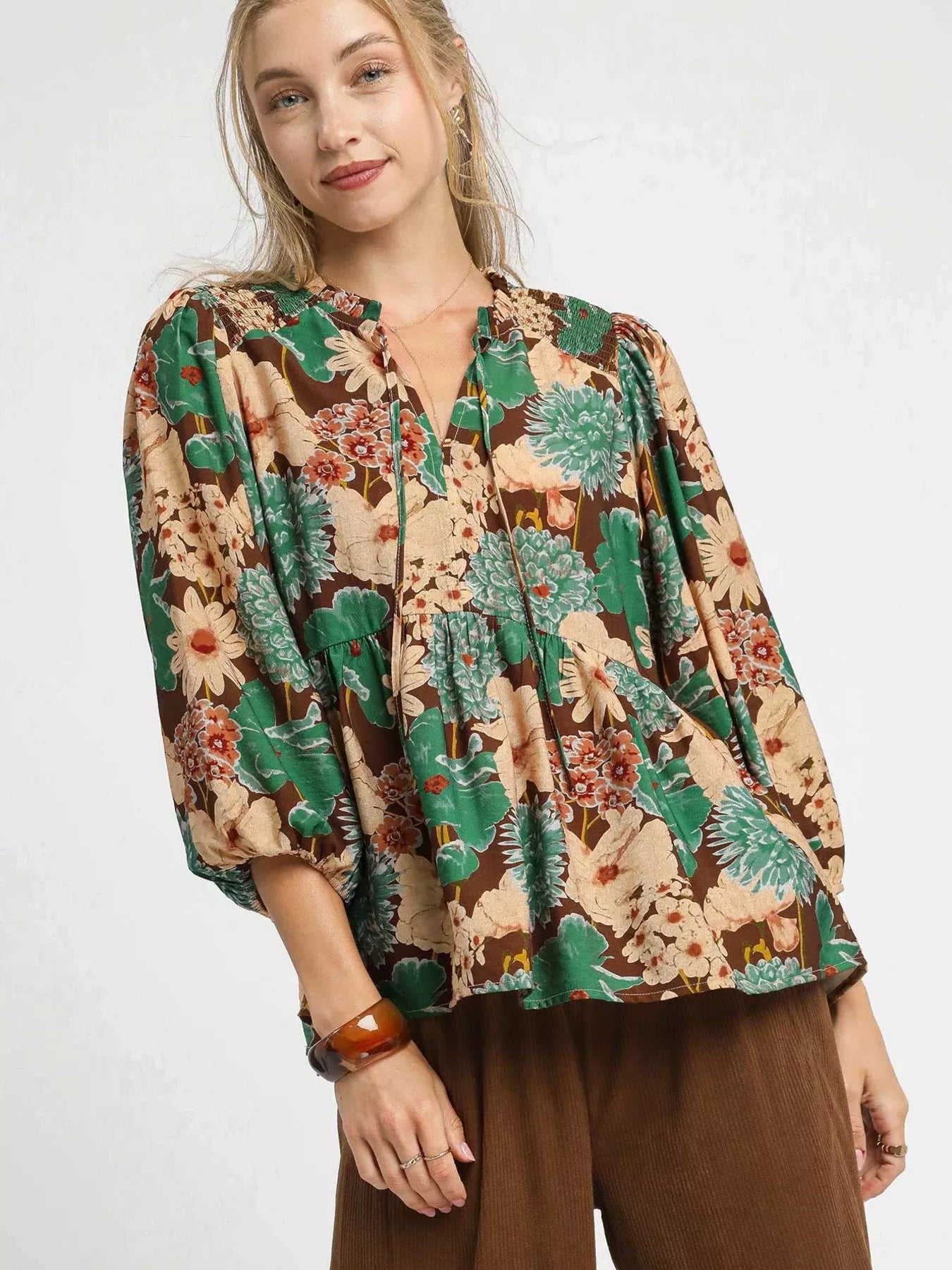 Umgee BROWN MIX / S Umgee Mix Floral Peplum Blouse with Tie Neck