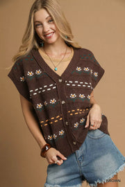 Umgee BROWN / S Umgee Button-Down Knit Vest with Floral Pattern