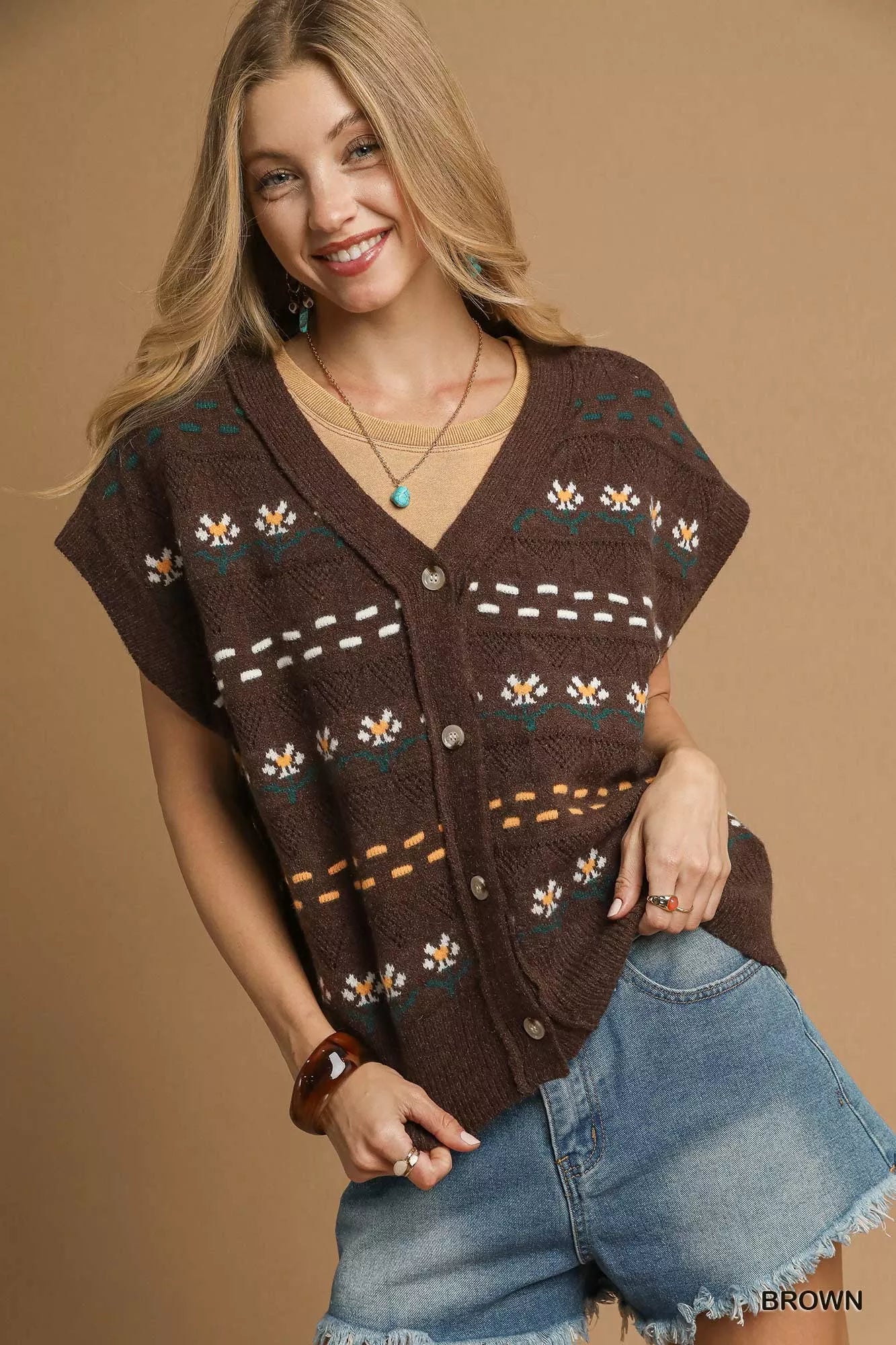 Umgee BROWN / S Umgee Button-Down Knit Vest with Floral Pattern