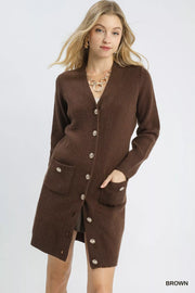 Umgee Brown / S Umgee Button-Down Longline Sweater Cardigan with Front Pockets