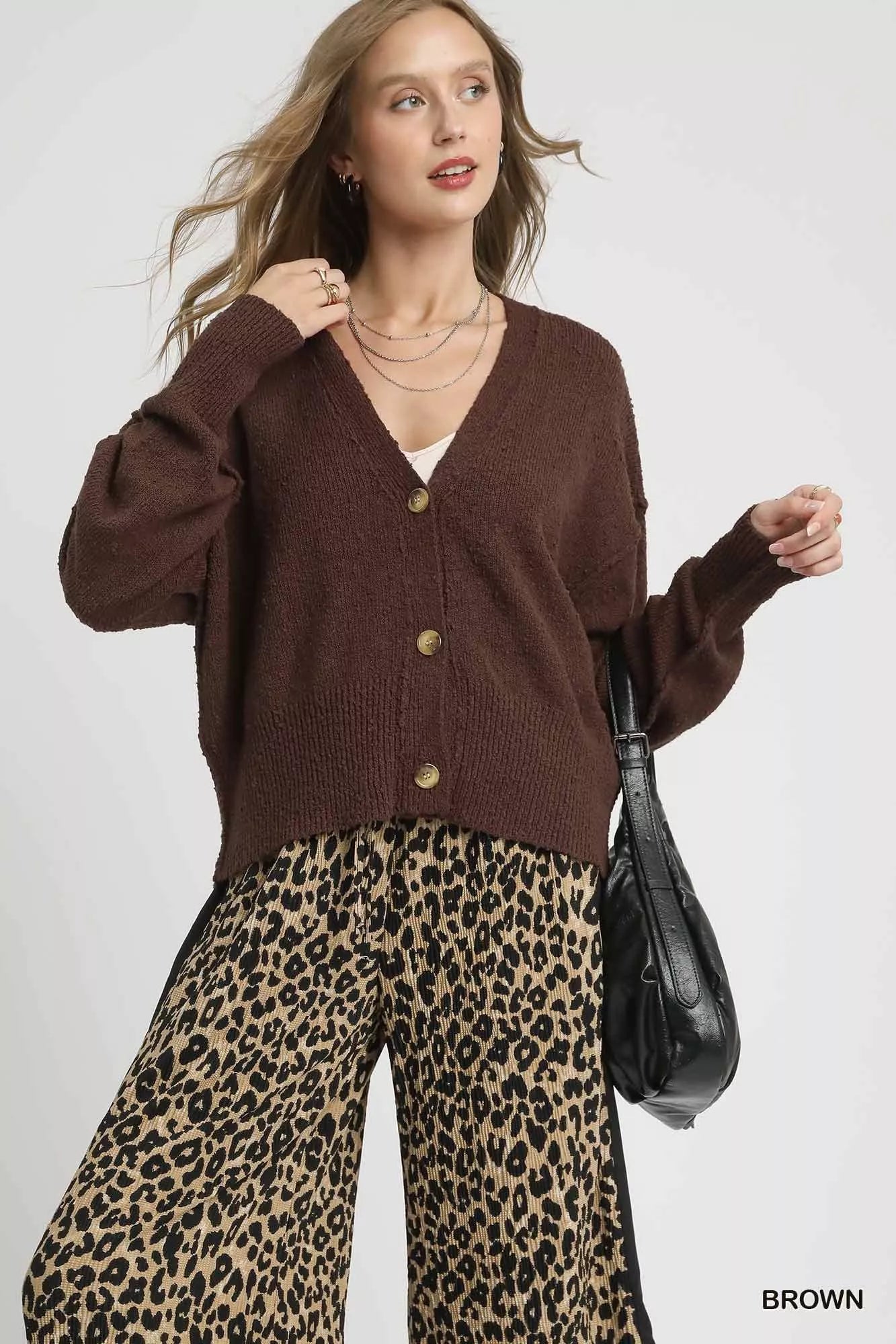 Umgee Brown / S Umgee Button-Front V-Neck Knit Cardigan