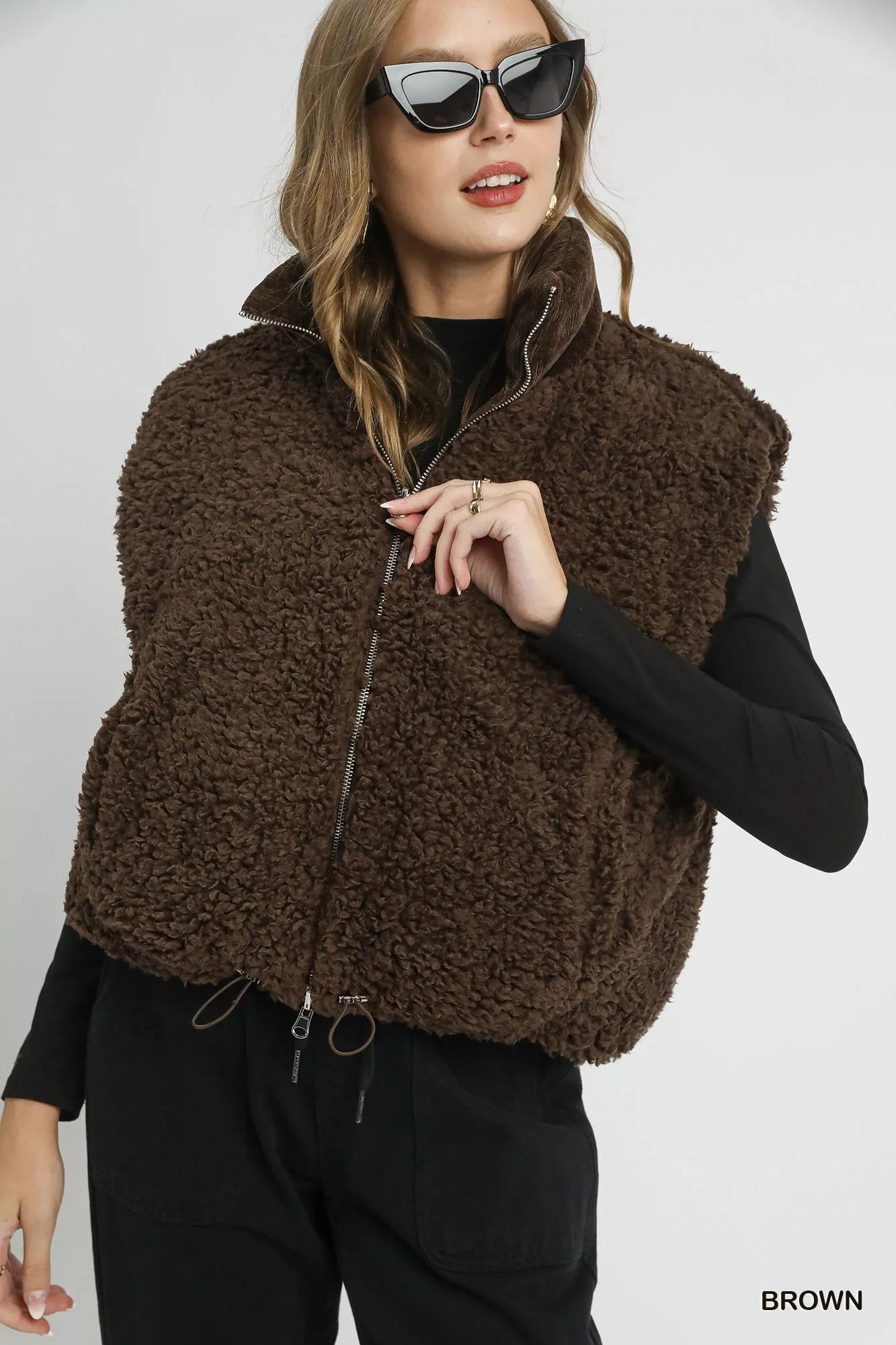 Umgee Brown / S Umgee Sherpa-Lined Zip Vest with Drawstring Hem