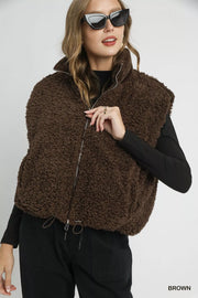 Umgee Brown / S Umgee Sherpa-Lined Zip Vest with Drawstring Hem