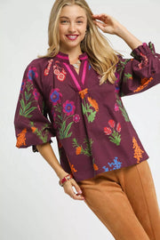 Umgee BURGUNDY MIX / S Umgee Floral Print Flounce Sleeve Blouse