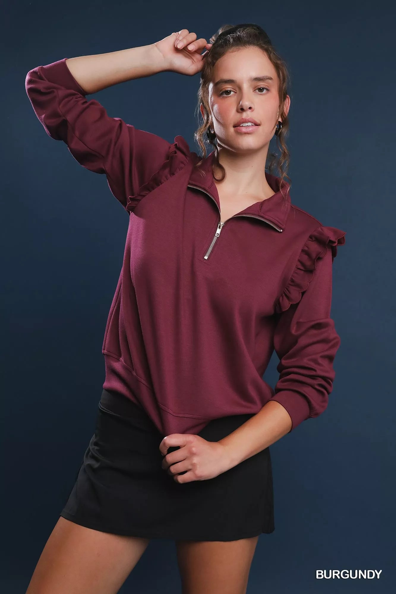 Umgee BURGUNDY / XS Umgee Luxeknit Ruffle Shoulder Quarter-Zip Sweatshirt