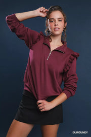 Umgee BURGUNDY / XS Umgee Luxeknit Ruffle Shoulder Quarter-Zip Sweatshirt
