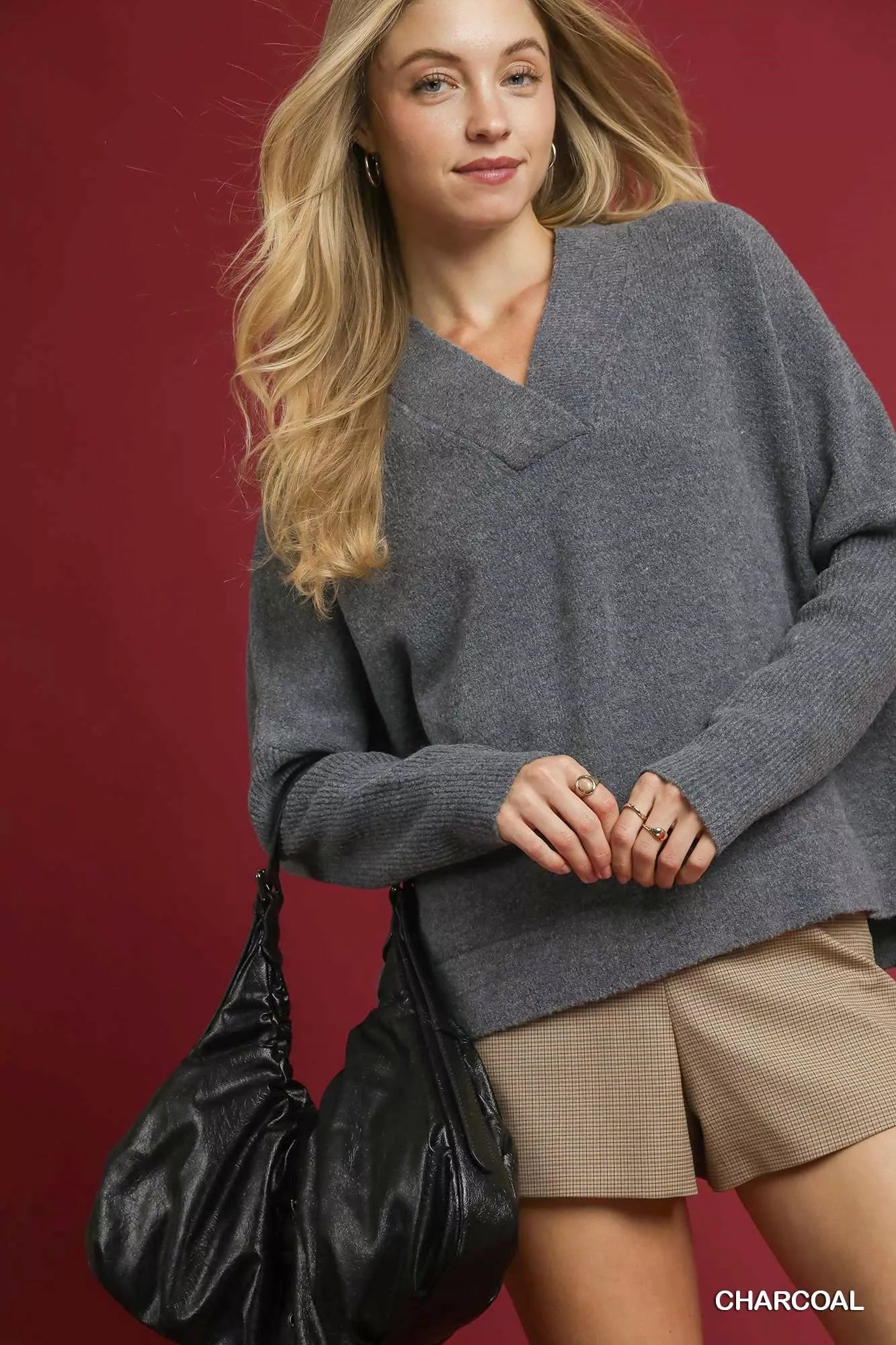 Umgee CHARCOAL / S Umgee V-Neck Sweater with Wide Trim Detail