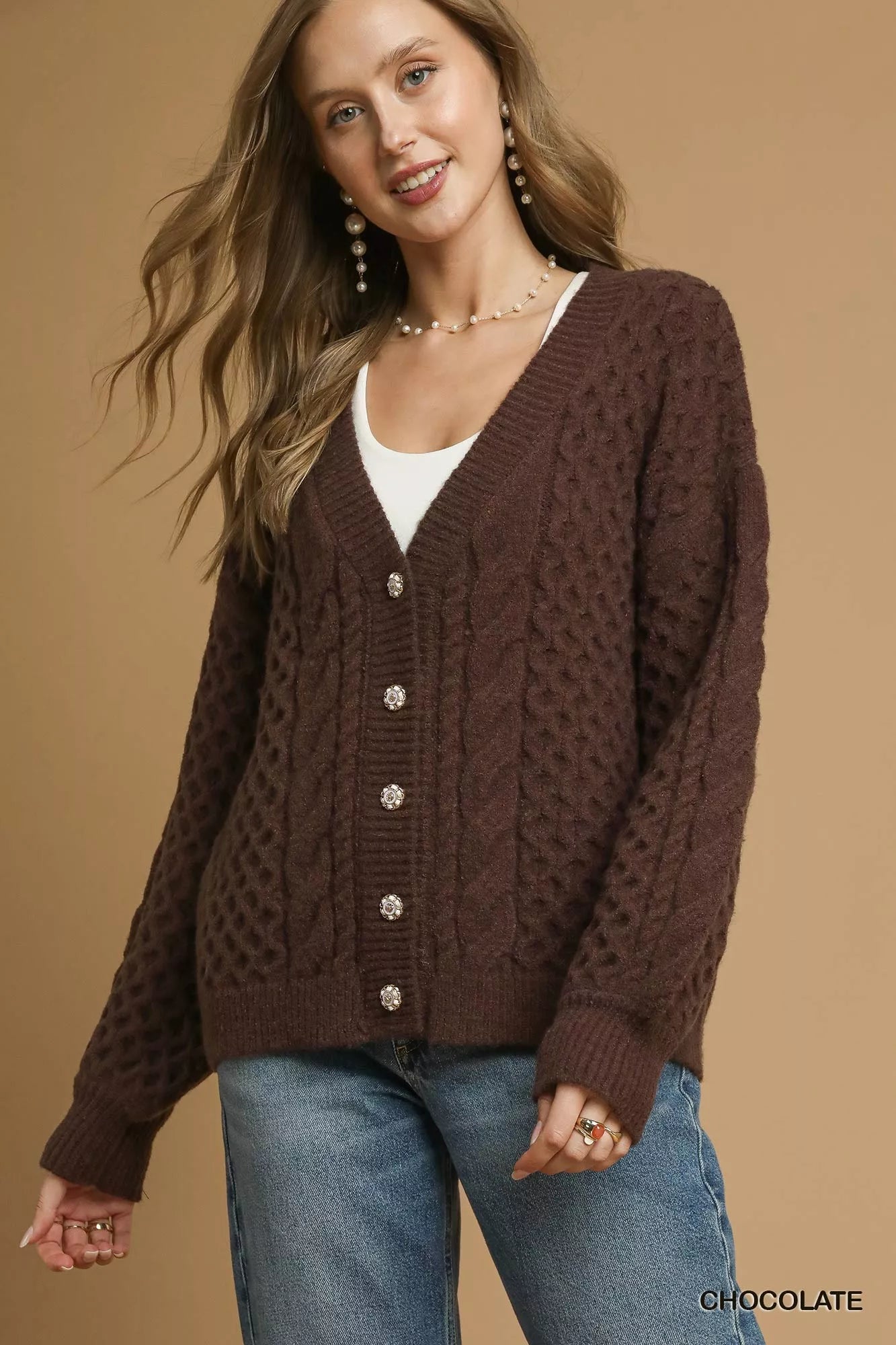 Umgee CHOCOLATE / S Umgee Cable Knit Pearl Button Cardigan