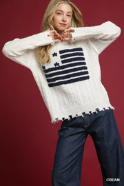 Umgee Cream / S Umgee Distressed American Flag Sweater