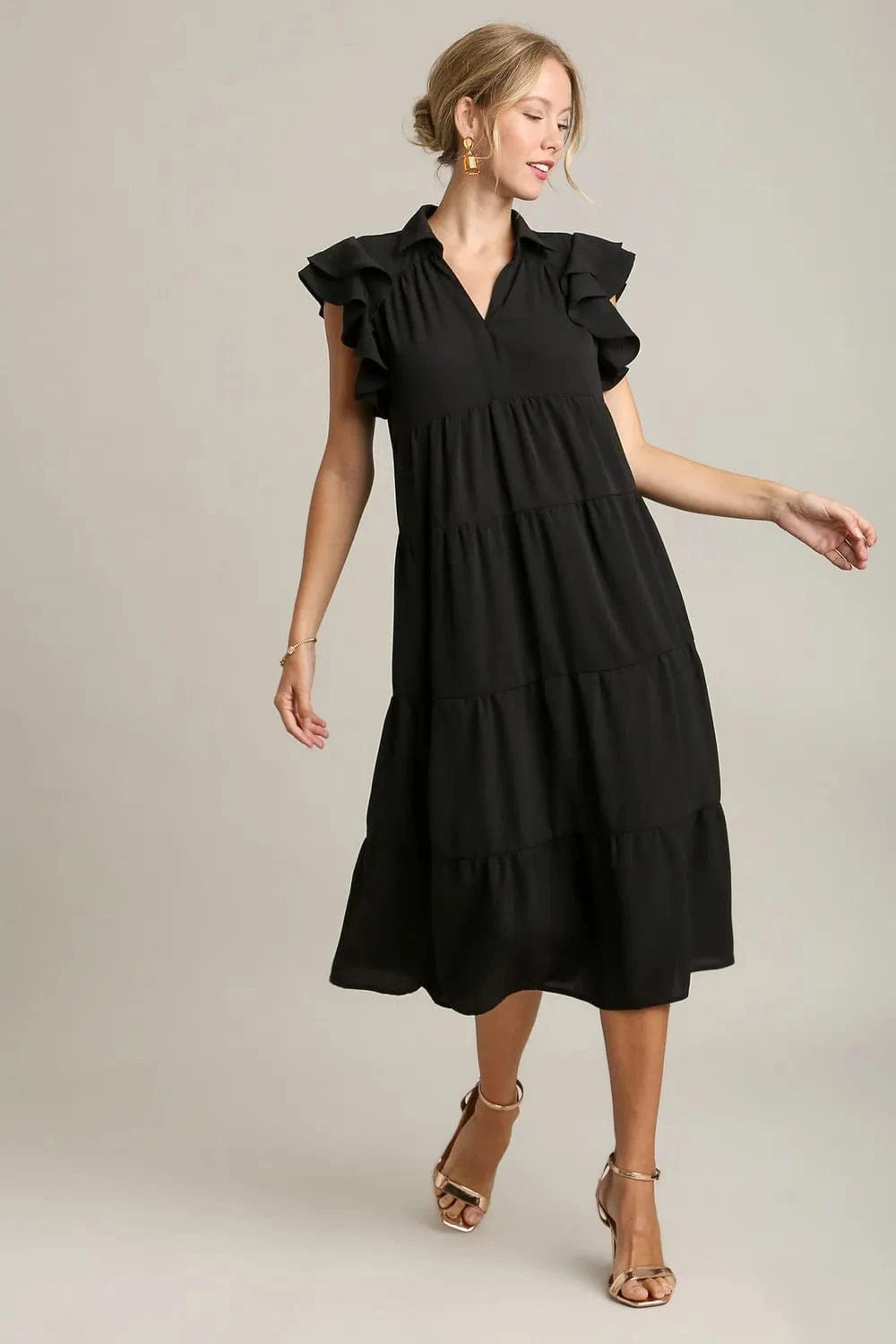 Umgee dresses Black / S Umgee Full Size Johnny Collar Ruffle Cap Sleeve Tiered Dress Plus Size