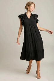 Umgee dresses Black / S Umgee Full Size Johnny Collar Ruffle Cap Sleeve Tiered Dress Plus Size