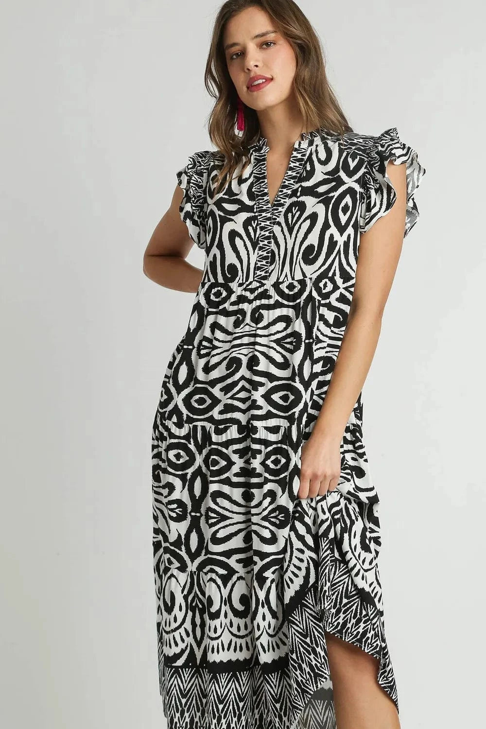 Umgee dresses Black / S Umgee Full Size Two Tone Border Print Ruffle Cap Sleeve Midi Dress Plus Size