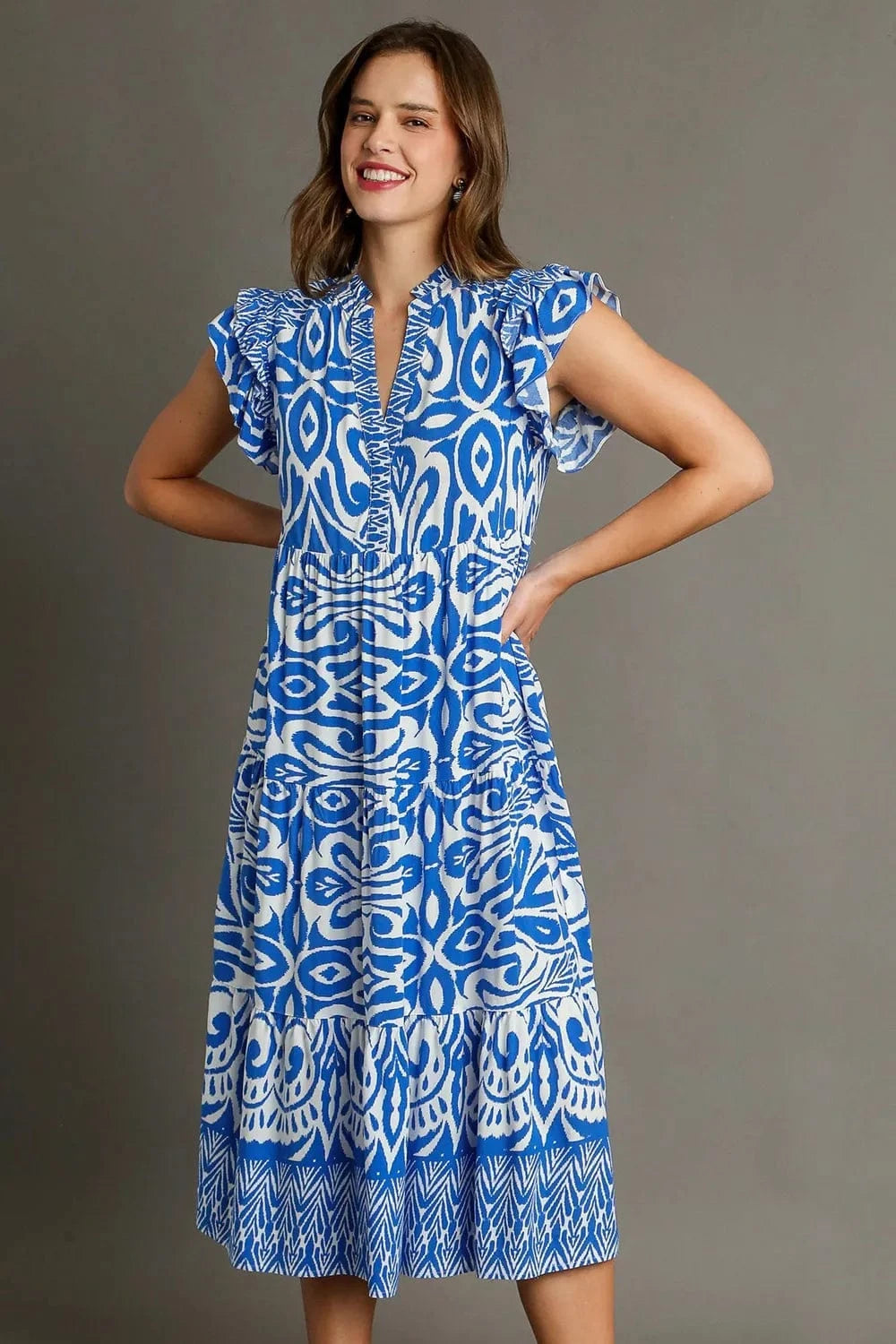 Umgee dresses Blue / S Umgee Full Size Two Tone Border Print Ruffle Cap Sleeve Midi Dress Plus Size