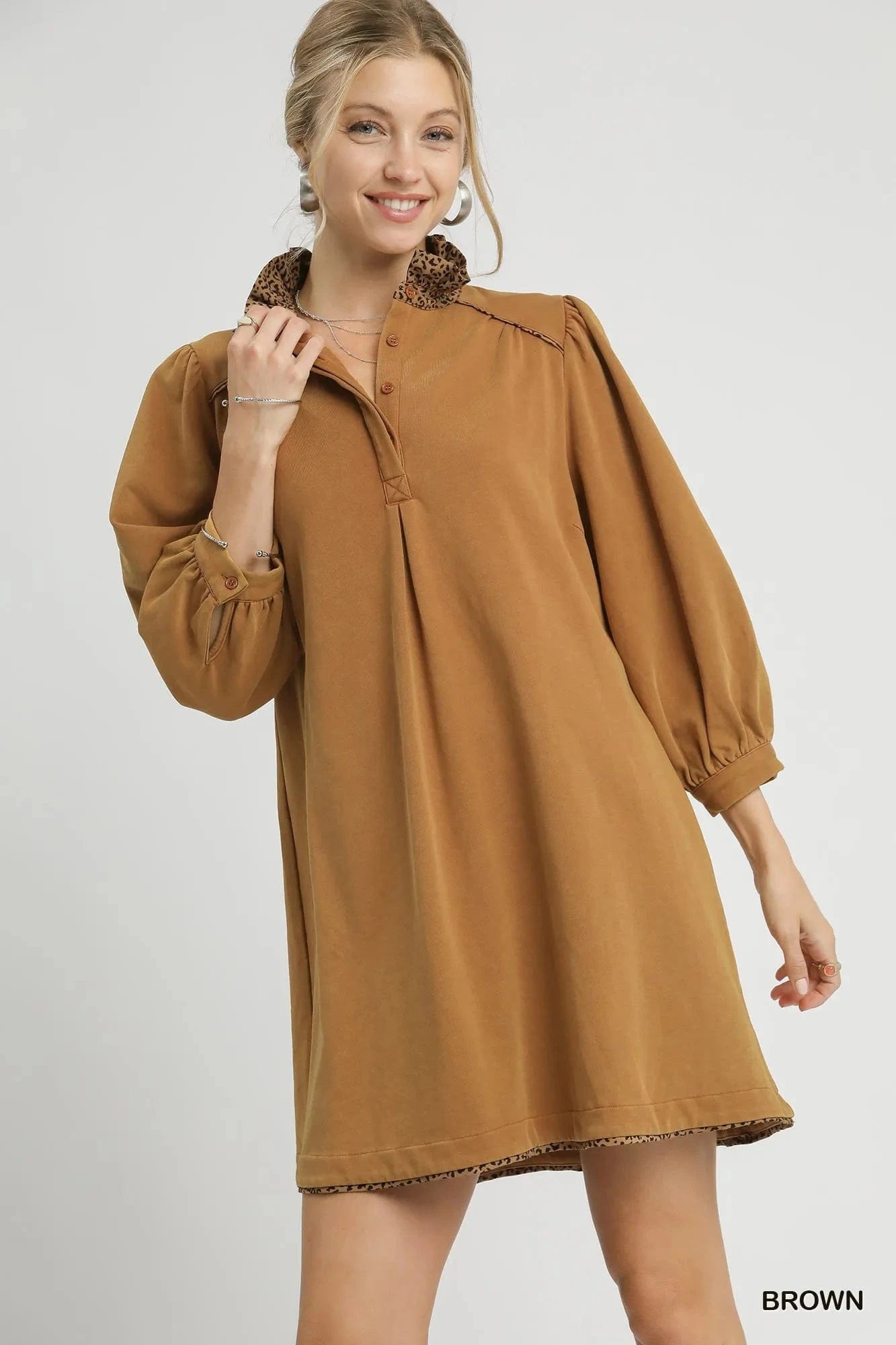 Umgee dresses Brown / S Umgee French Terry Balloon Sleeve Shift Dress with Leopard Print Detail