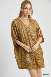 Umgee dresses Brown / S Umgee Metallic Leopard Print V-Neck Kimono Dress