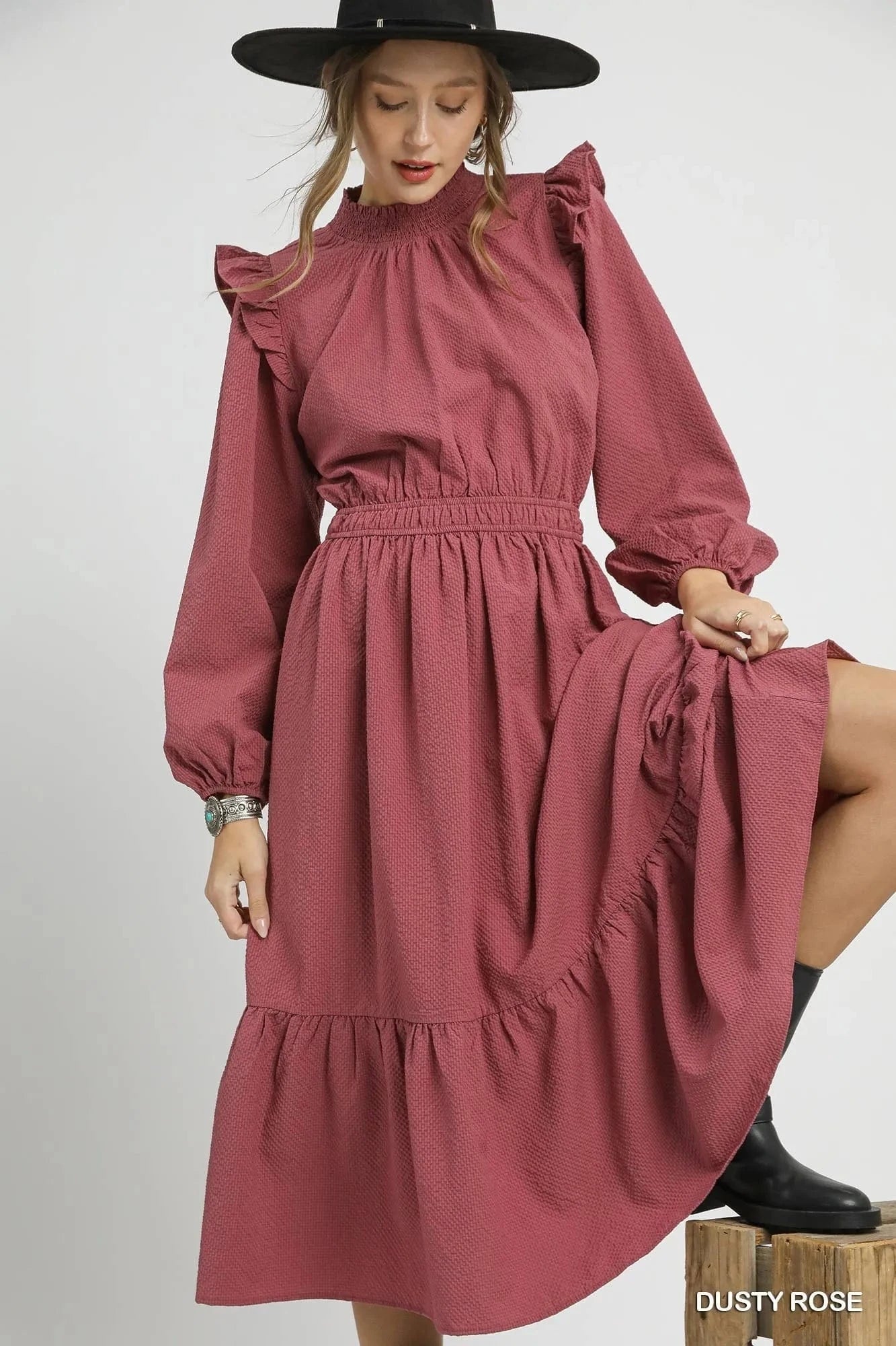 Umgee dresses DUSTY ROSE / S Umgee Textured Midi Dress with Ruffle Shoulder Detail