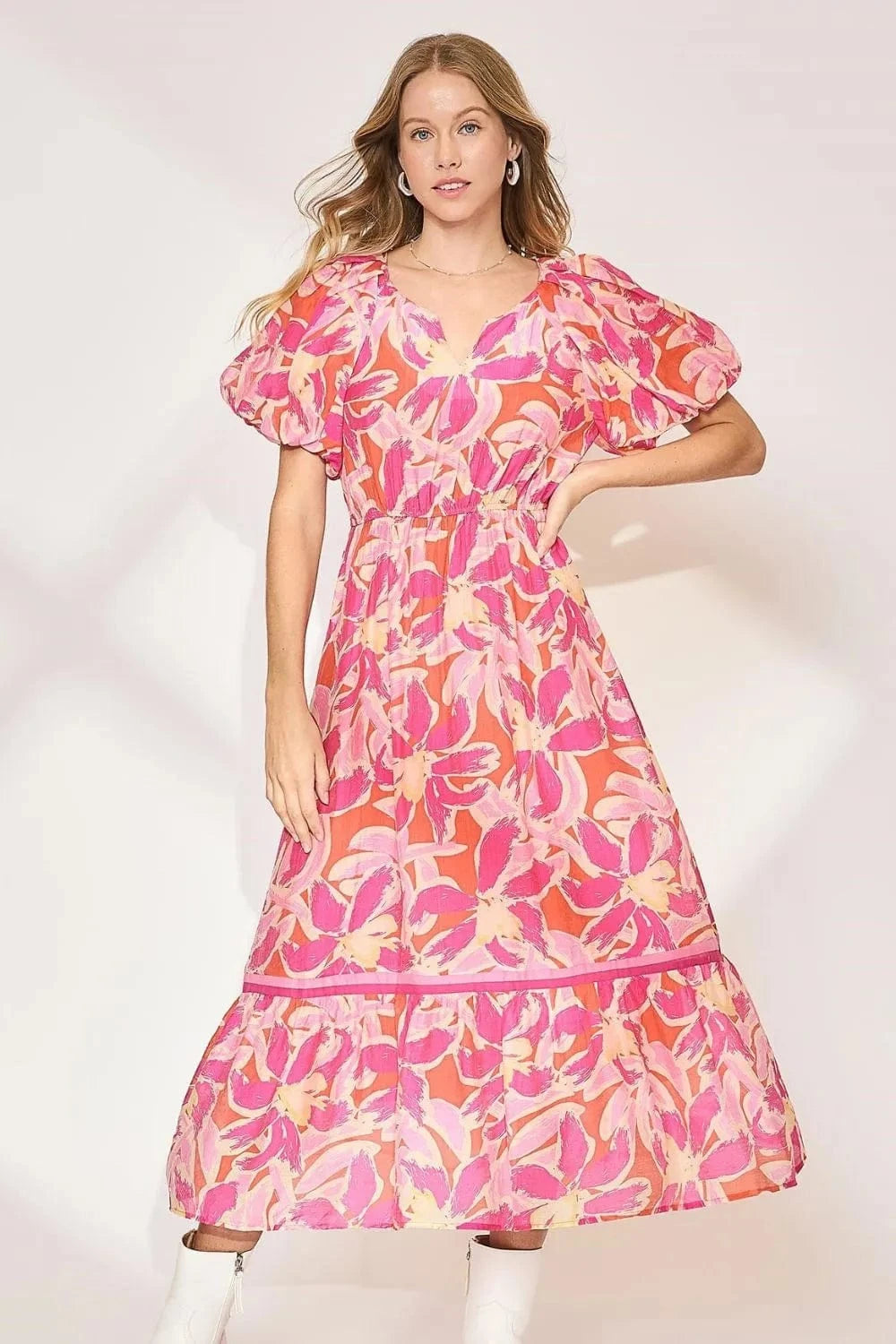 Umgee dresses Fuchsia Pink / S Umgee Floral Notched Puff Sleeve Midi Dress
