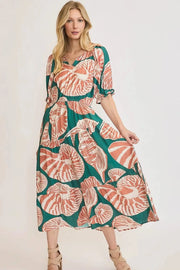 Umgee dresses GREEN/CLAY / S Umgee Full Size Printed Notched Puff Sleeve Midi Dress Plus Size