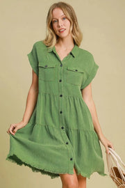Umgee dresses Green / S Umgee Full Size Frayed Hemline Button Down Shirt Dress Plus Size