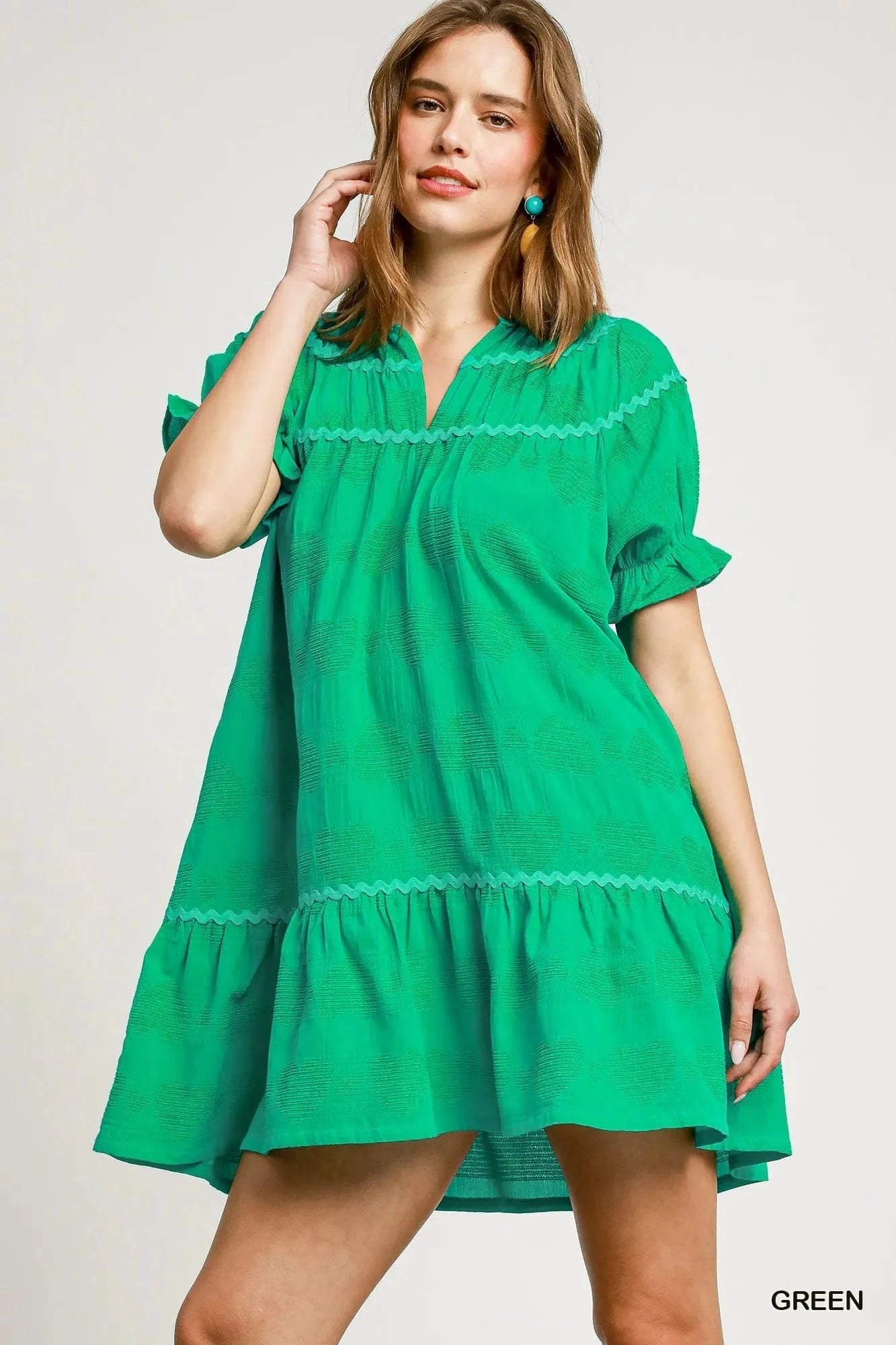 Umgee dresses Green / S Umgee Heart Pattern Short Sleeve Ruffle Babydoll Dress