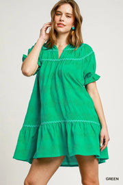 Umgee dresses Green / S Umgee Heart Pattern Short Sleeve Ruffle Babydoll Dress