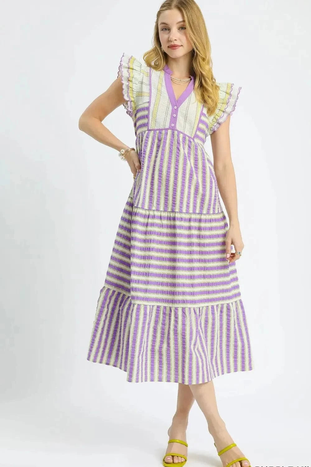 Umgee dresses Heliotrope Purple / S Umgee Striped Ruffle Cap Sleeve Midi Dress