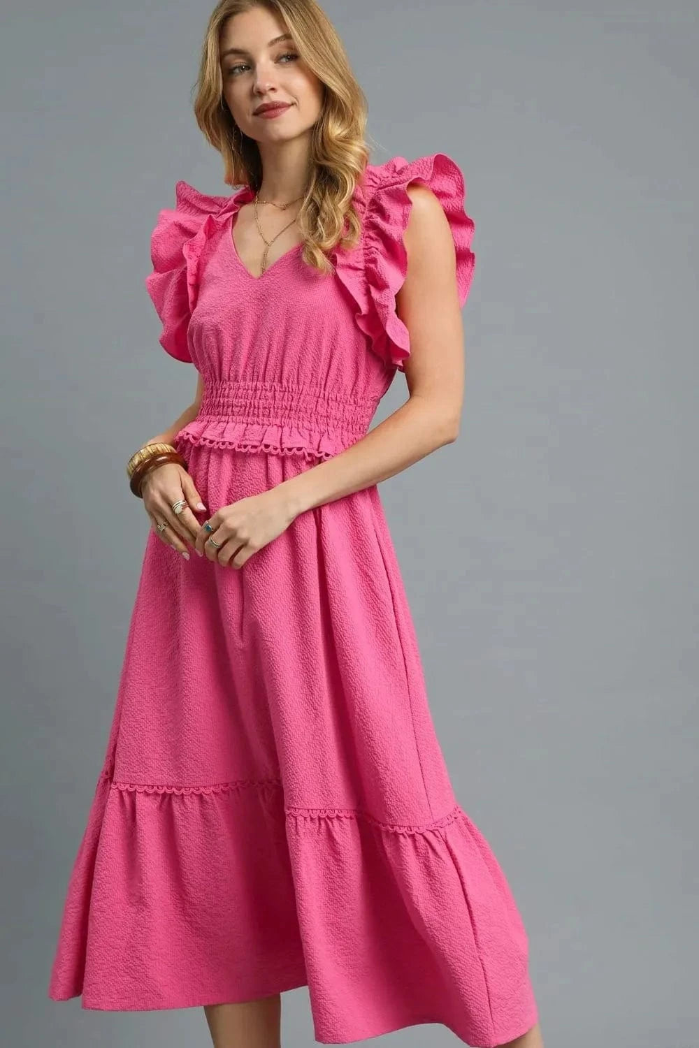 Umgee dresses Hot Pink / S Umgee V-Neck Ruffled Cap Sleeve Midi Dress