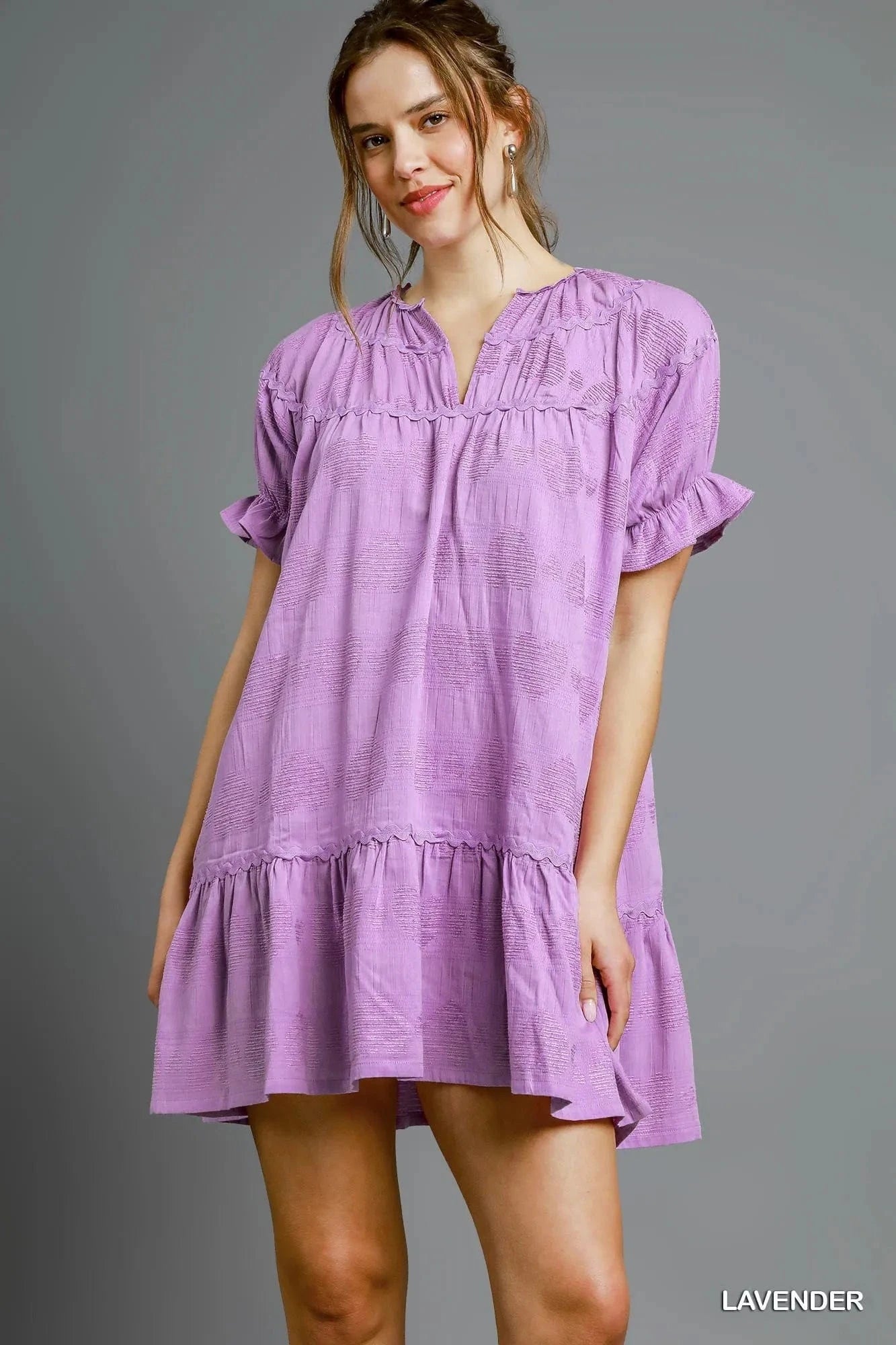 Umgee dresses Lavender / S Umgee Heart Pattern Short Sleeve Ruffle Babydoll Dress