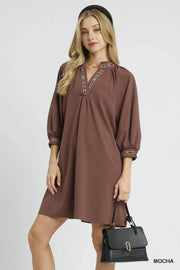Umgee dresses Mocha / S Umgee Notched Shift Dress with Trim Detail