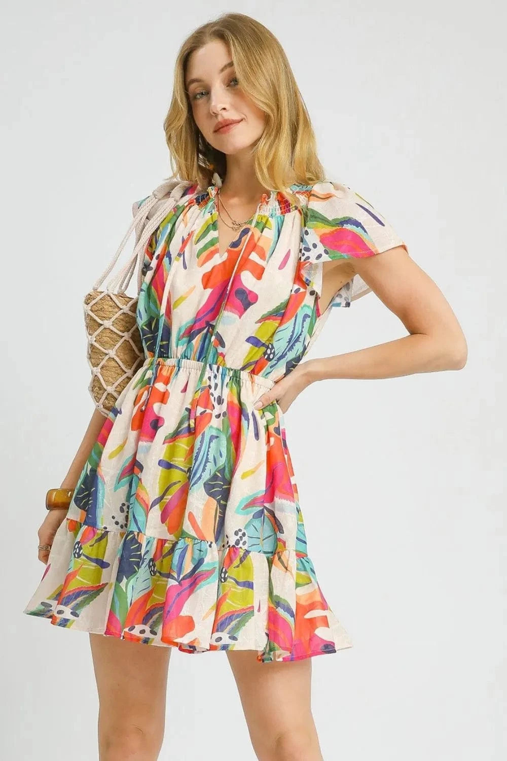 Umgee dresses Orange / S Umgee Printed Tie Neck Ruffled Hem Dress