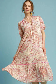 Umgee dresses PINK MIX / S Umgee Full Size Printed Puff Short Sleeve Midi Dress Plus Size